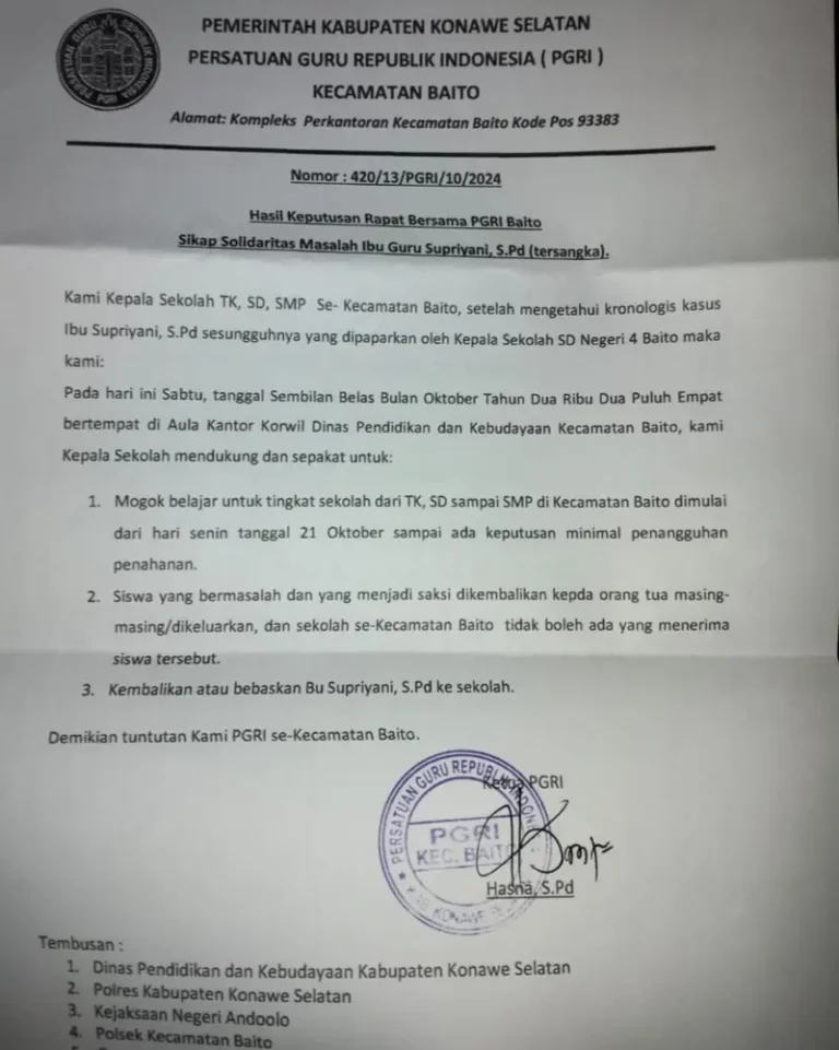 Selebaran Sikap PGRI Baito dalam Kasus Supriyani Tuai Polemik, KPAD Konsel Buka Suara Selebaran Sikap PGRI Baito dalam Kasus Supriyani Tuai Polemik, KPAD Konsel Buka Suara